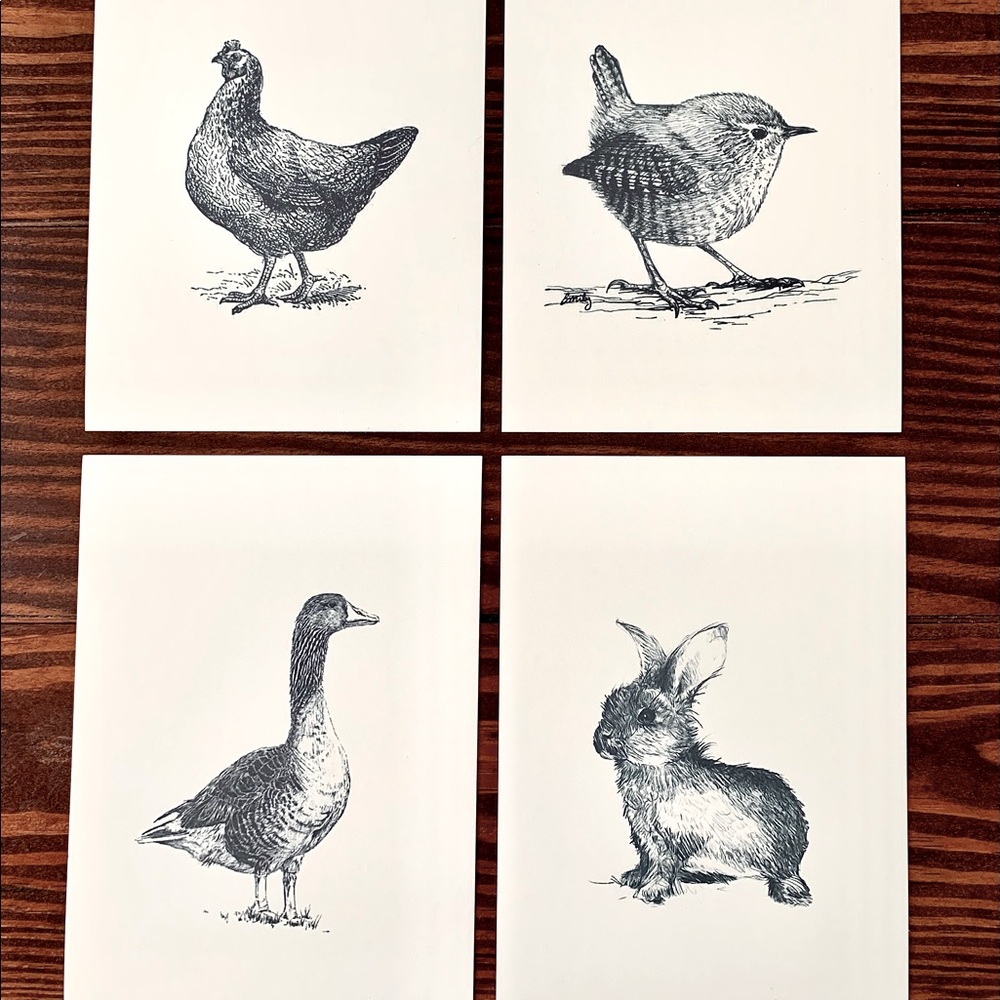 Four Black and White Farmhouse Animal Prints, 5.5”x7.5”